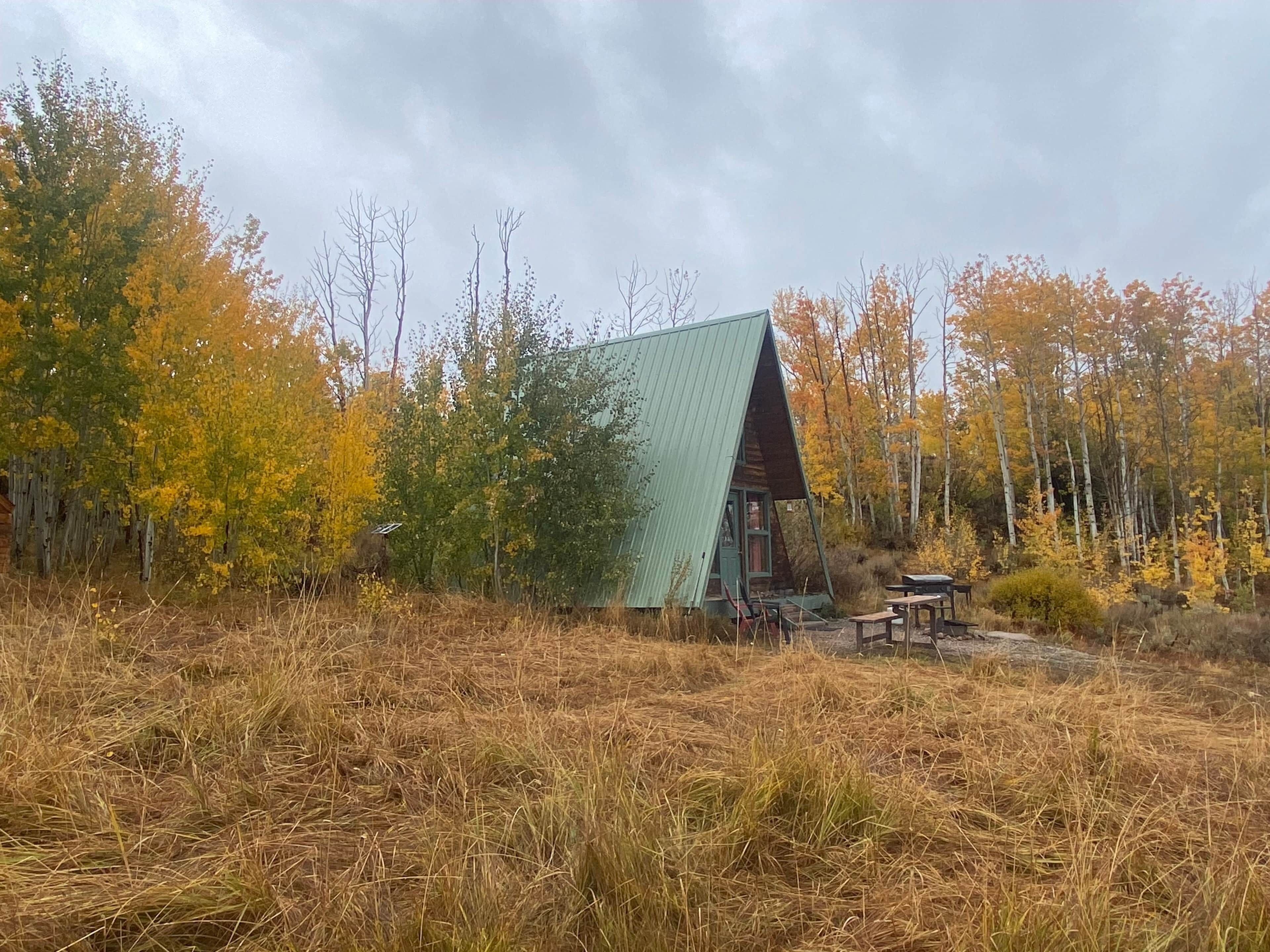 A cabin with a sloped roof, surrounded by autumn foliage, and equipped with outdoor seating.