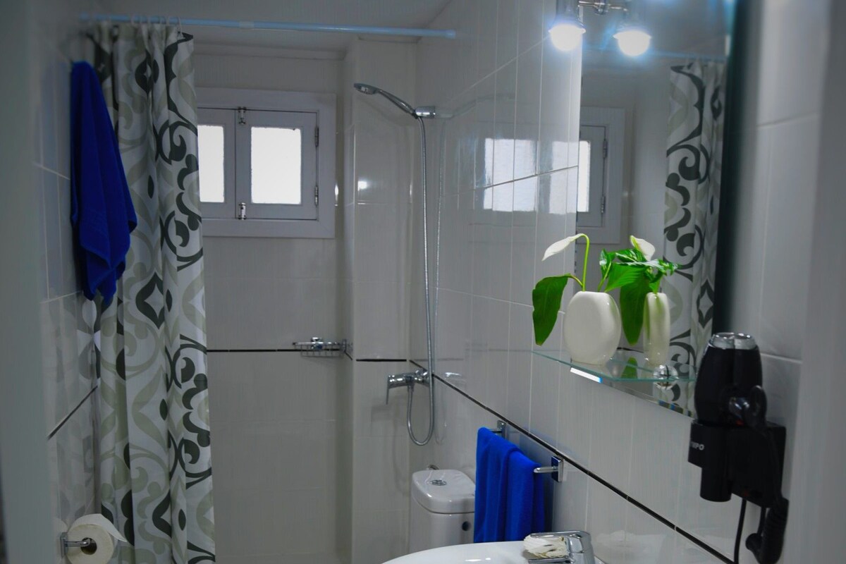Un baño con inodoro, lavabo, ducha y espejo.