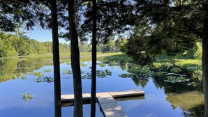 A serene lakeside scene with a wooden dock extending into calm water, surrounded by lush greenery and tall trees. - WaterfrontHome-Nature,Views,Peace-up to 12, ideal for Family/Friends/Celebration (Cambridge Springs)