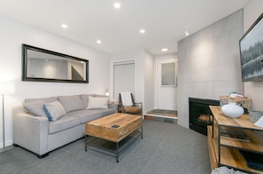 Smart TV, fireplace, video games, DVD player