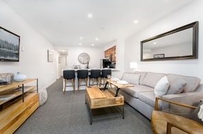 Smart TV, fireplace, video games, DVD player