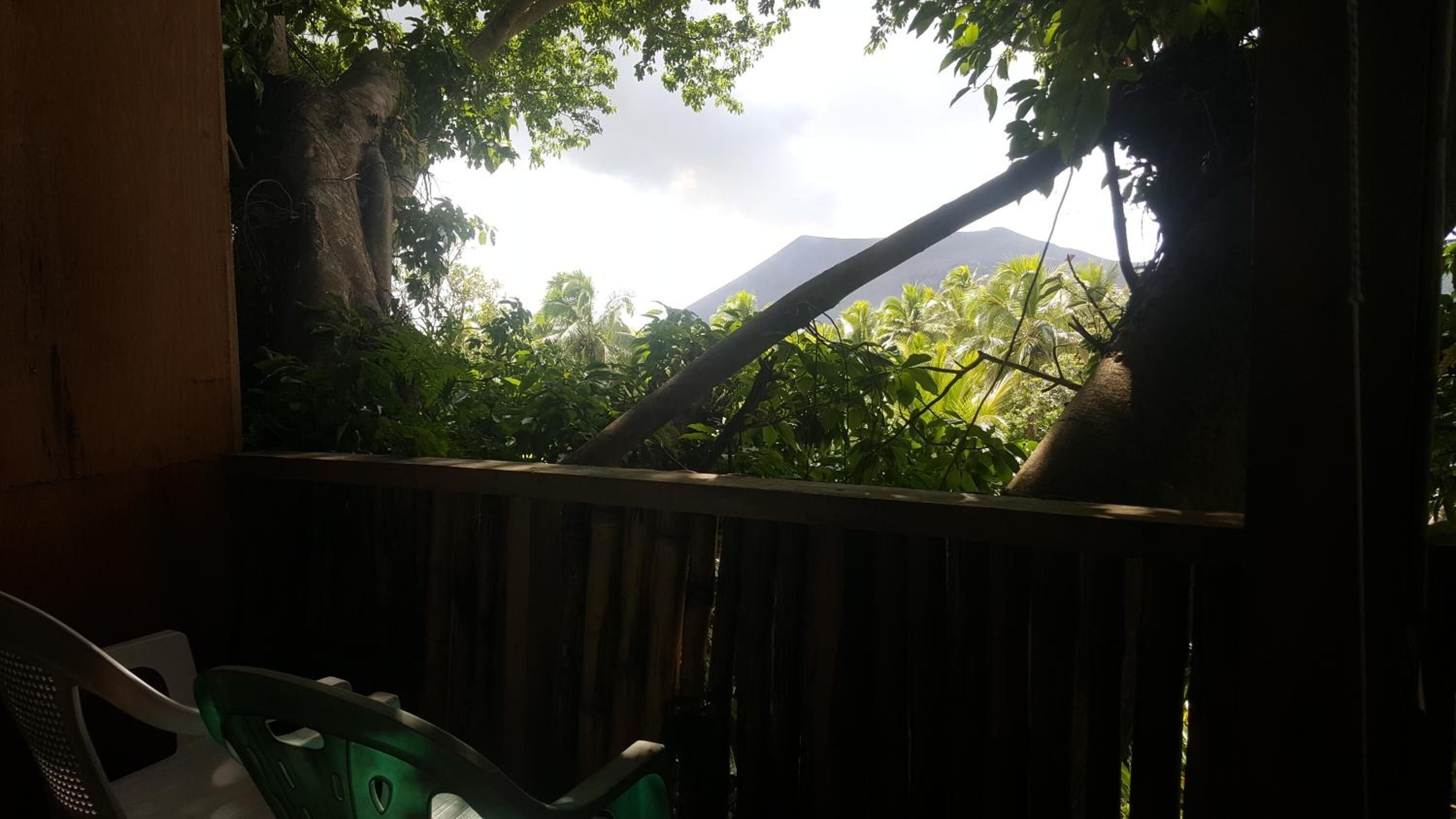 A view from a balcony with a wooden railing, overlooking a lush garden and a mountain in the distance.