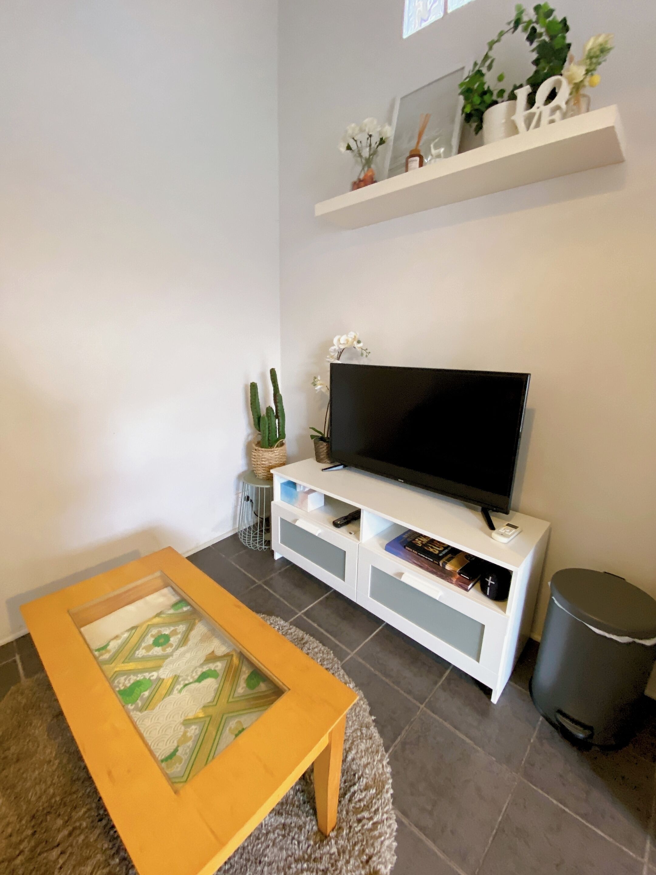 TV, DVD player, books
