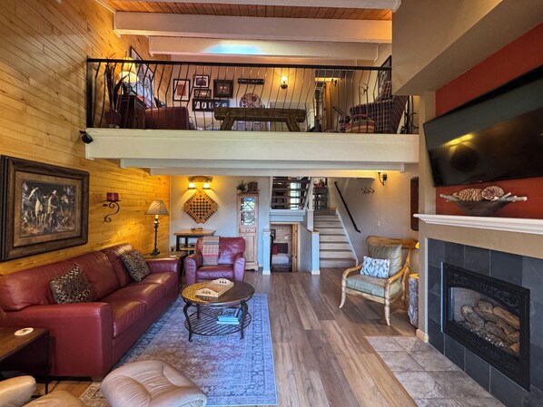 Smart TV, fireplace, DVD player, books