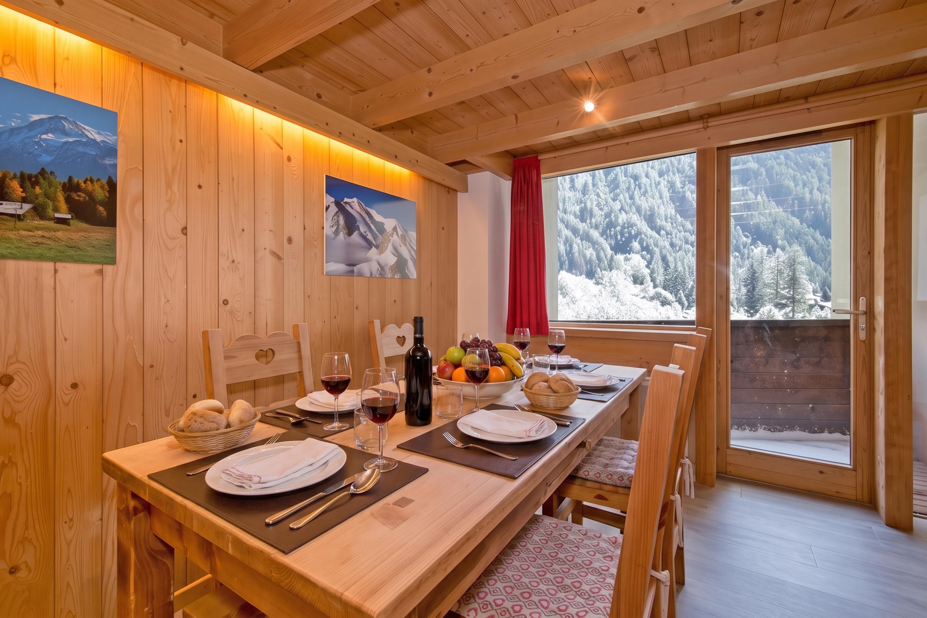 Une table de salle à manger en bois, mise avec des assiettes, des verres et une bouteille, avec vue sur la montagne par la fenêtre.