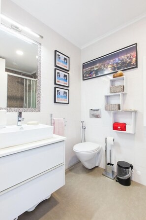 Sèche-cheveux, serviettes fournies, shampoing, papier toilette