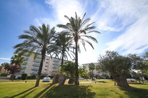 A landscaped area with palm trees, a grassy lawn, and a building with multiple balconies in the background.