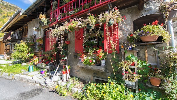 Un bâtiment rustique avec des volets rouges, des plantes en pot et une façade en pierre.