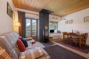 Flat-screen TV, fireplace