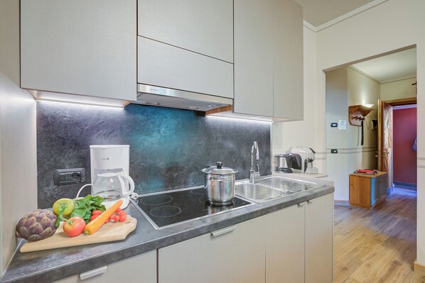 Réfrigérateur, micro-ondes, plaque de cuisson, lave-vaisselle