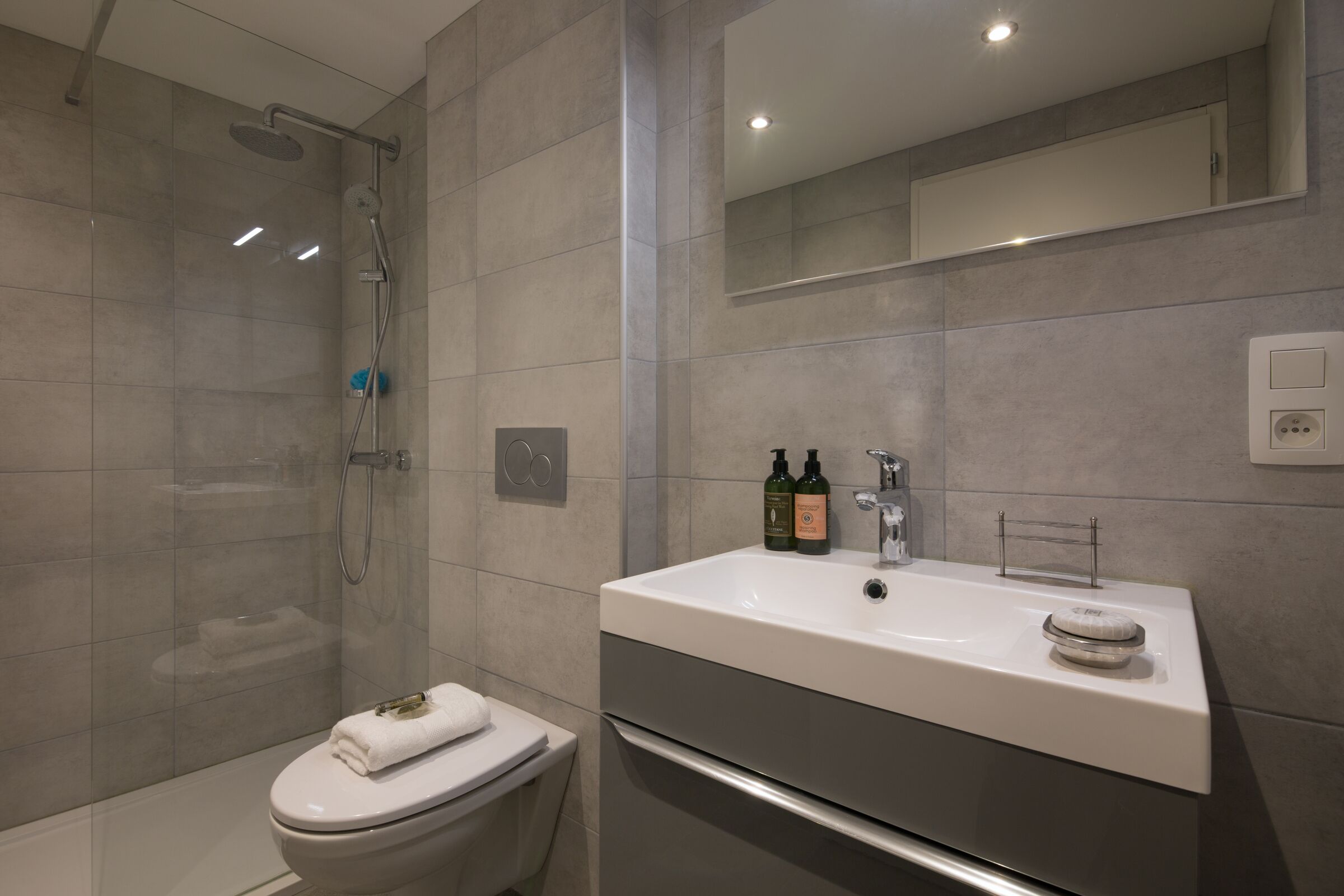 Shower, hair dryer, towels