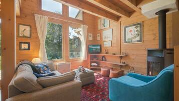 Een televisie en een open haard