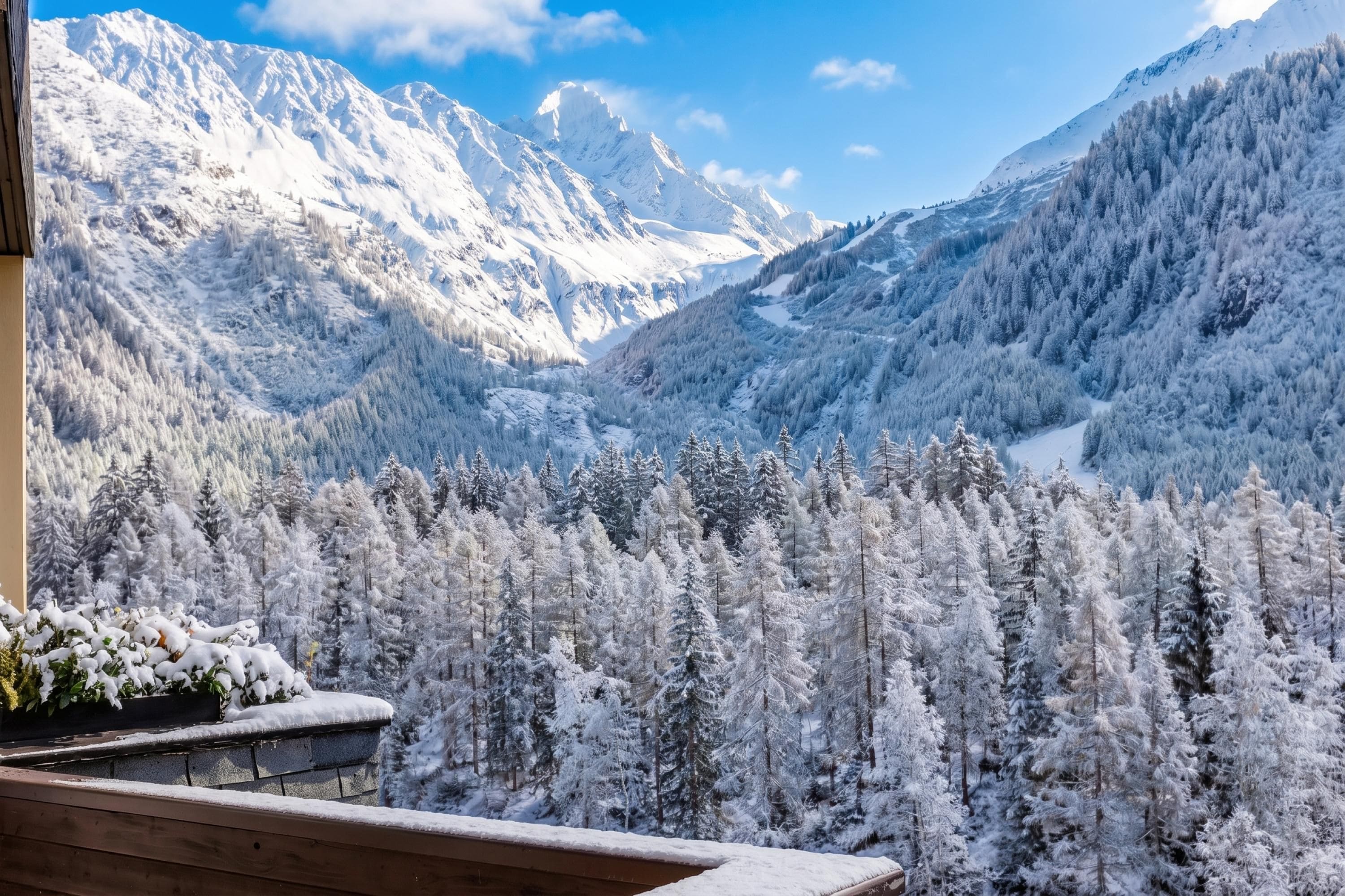 A mountain landscape with snow-covered trees and a clear sky.