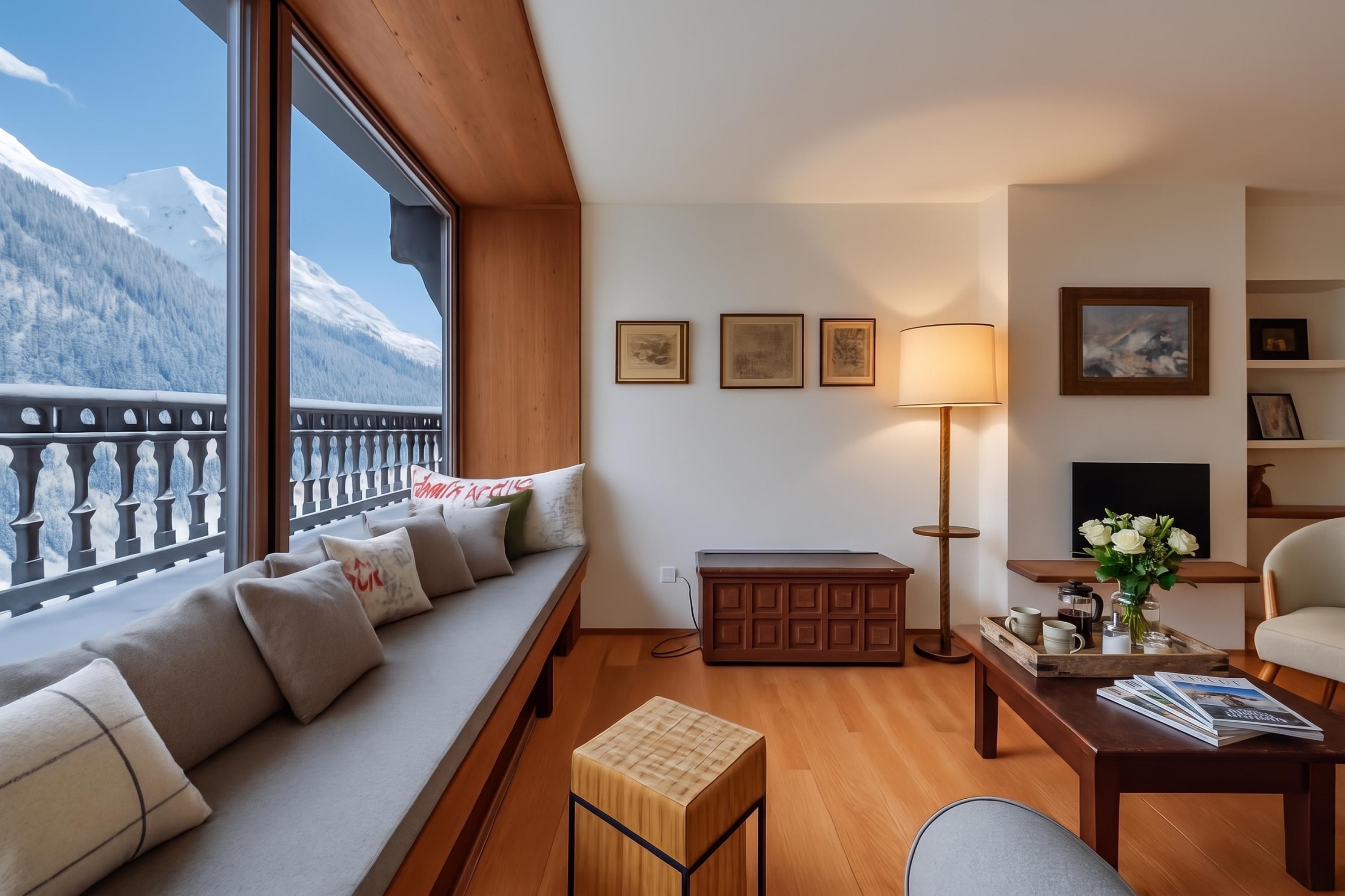 Ein gemütliches Wohnzimmer mit einer Couch, einem kleinen Holztisch und einer Stehlampe. An der Wand hängen Bilder in Rahmen, und ein Fenster bietet Blick auf Berge.