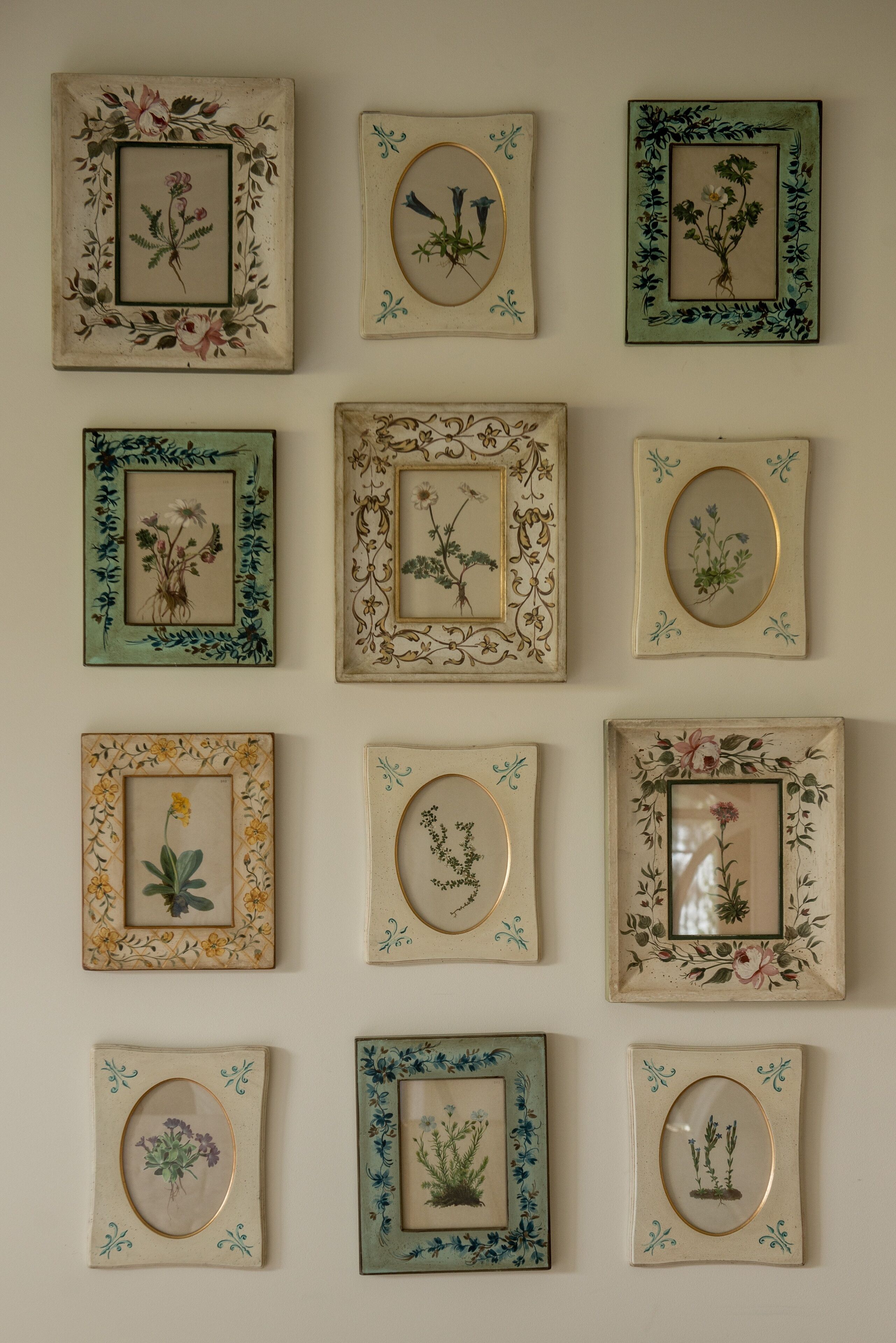 Een muur met meerdere ingelijste botanische prints.