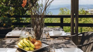 A table set outdoors with a view of the mountains, a vase with branches, and a plate of fruit. - PELION HOMES | STONE HOUSE  charming villa with amazing view for 2-4 guests (Agios Georgios Nilias)
