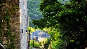 A wooden staircase leading up a stone wall, surrounded by greenery. - PELION HOMES | STONE HOUSE  charming villa with amazing view for 2-4 guests (Agios Georgios Nilias)