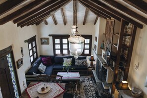 Télévision, cheminée, livres, médiathèque