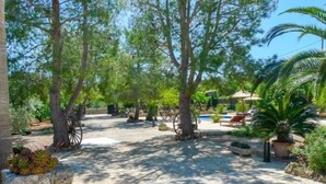 A stone-paved courtyard with a pool, outdoor seating, and various plants. - Son Mulet - Beautiful villa with private pool and garden in Llubí (Llubí)