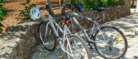 Two bicycles parked on a stone surface with a garden in the background.