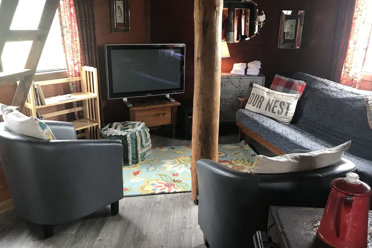 A cozy living room with a television, a sofa with a 'OUR NEST' pillow, a wooden bookshelf, and a patterned rug.