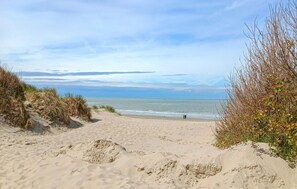 Une plage de sable offrant une vue dégagée sur l’océan, où quelques personnes se promènent.
