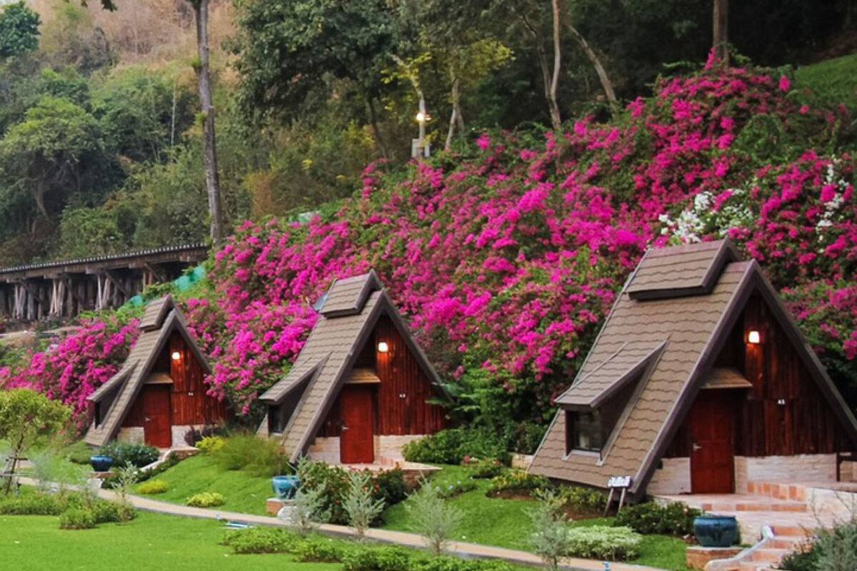 A row of wooden cabins with pitched roofs, surrounded by lush greenery and vibrant pink flowers.