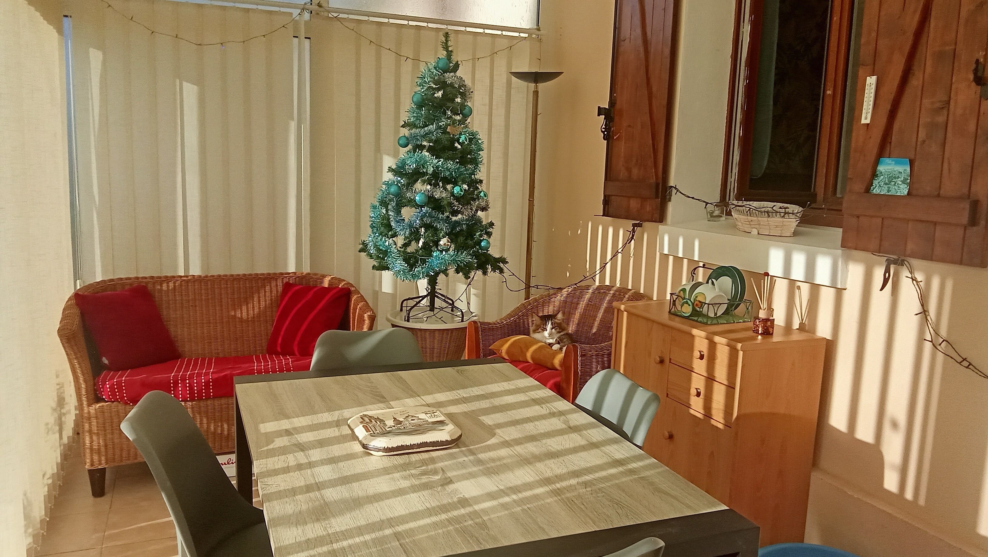 A cozy room with a dining table, wicker sofa, and a Christmas tree.