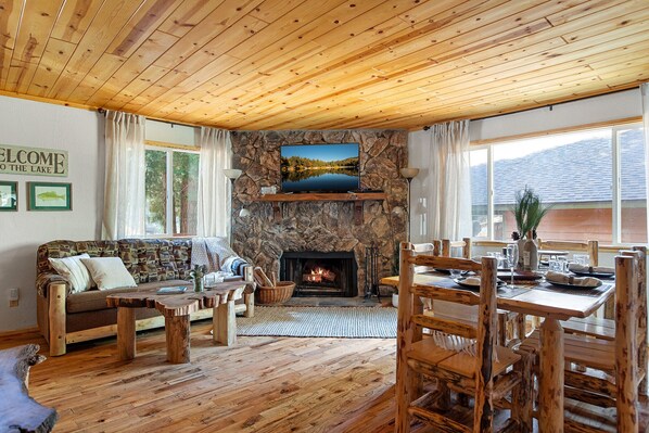 Smart TV, fireplace, DVD player, books