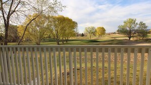Blick auf einen Golfplatz mit Bäumen und blauem Himmel.