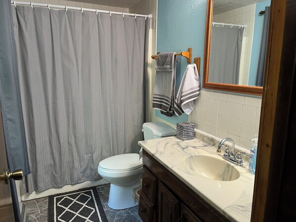 Ein Badezimmer mit Duschvorhang, Toilette, Waschbecken und Spiegel.