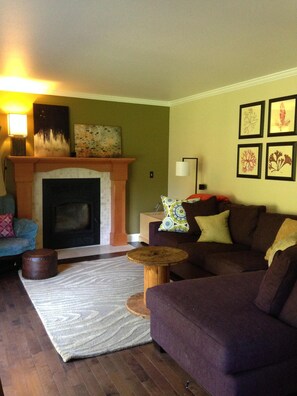 Televisio, takka, DVD-soitin, kirjoja