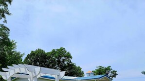 Una casa amarilla con techo azul, un porche blanco y un jardín con diversas flores y una pérgola.