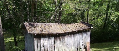 Un abri de jardin rustique en bois, surmonté d’un toit en métal, entouré d’arbres touffus et d’herbe.