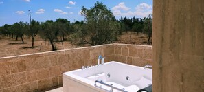 Une salle de bain avec une baignoire, une douche et une vue sur un olivier.