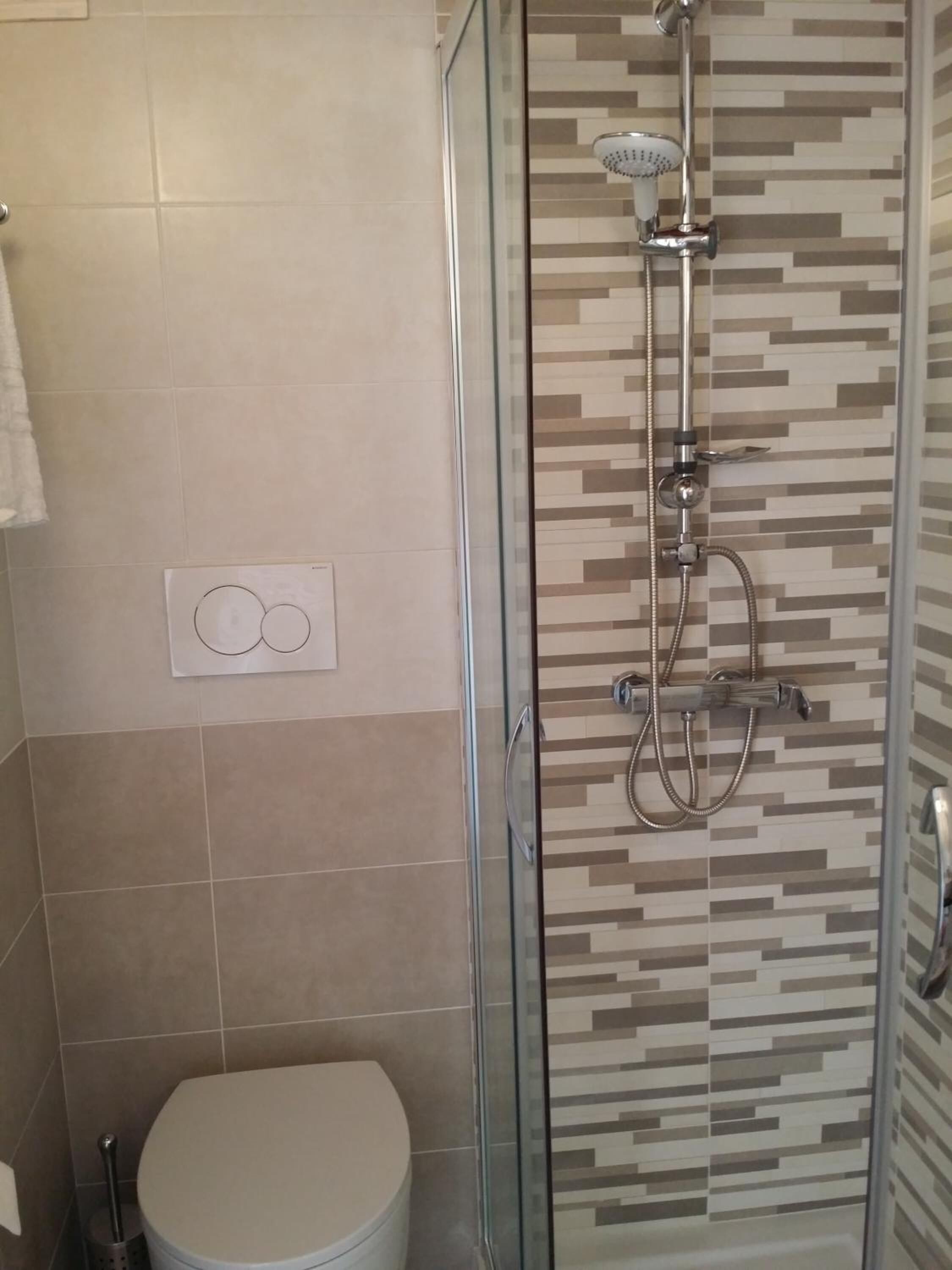 Um chuveiro com porta de vidro, parede revestida com padrão geométrico e vaso sanitário com tampa branca.