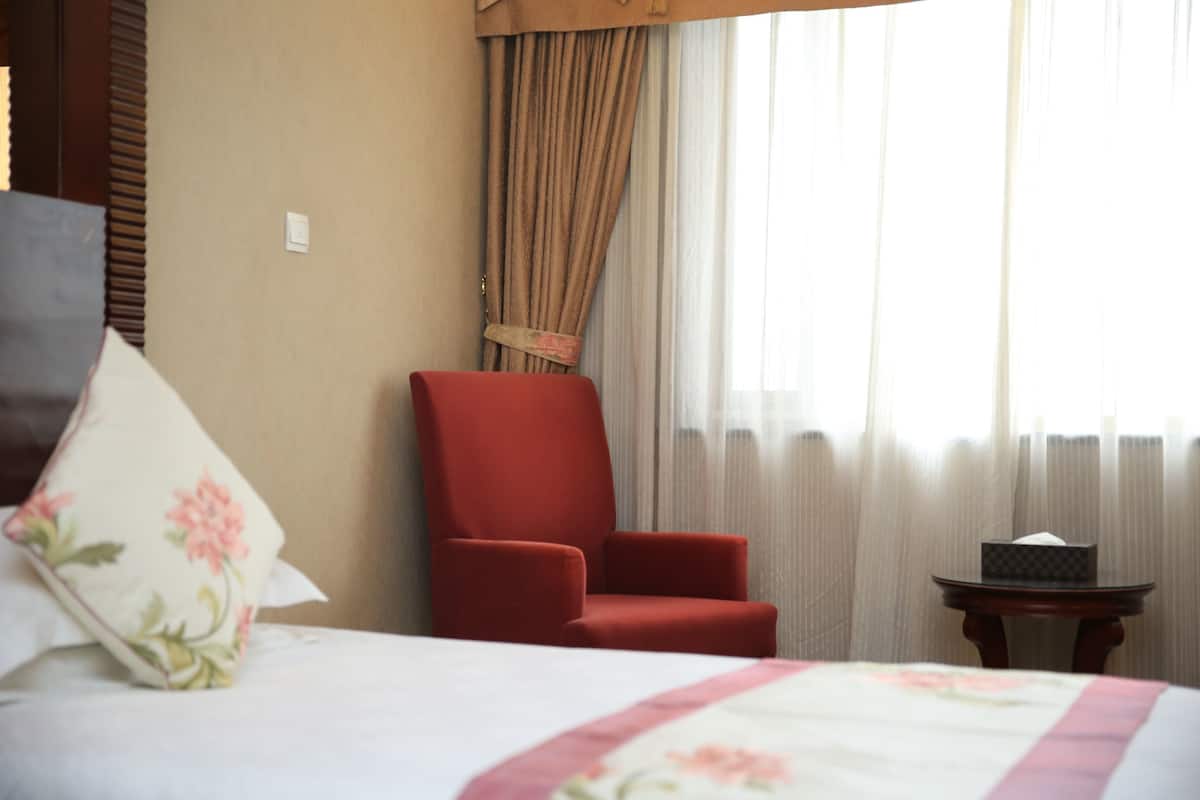 Una habitación de hotel con una cama, un sillón rojo, una mesita con una caja de pañuelos y una ventana con cortinas translúcidas.