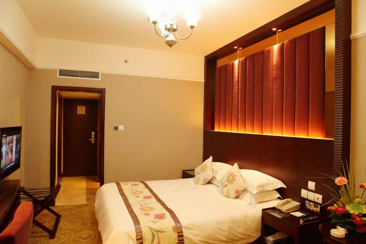 Una habitación de hotel con una cama grande, un televisor sobre un pedestal, una mesita de noche con un teléfono y un jarrón de flores, y una lámpara fijada a la pared.
