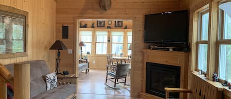 TV, caminetto, lettore DVD, libri