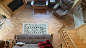 Televisión, chimenea, reproductor de DVD, libros