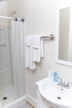 Regadera, toallas, jabón, papel de baño 