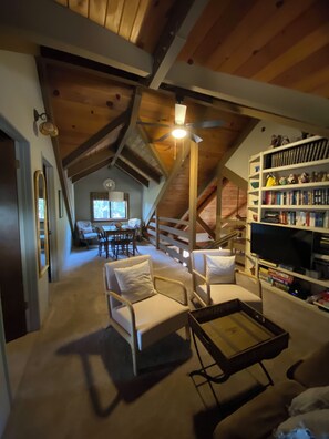 Smart TV, fireplace, DVD player, books