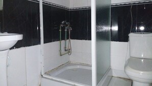 Un baño con ducha, inodoro y lavabo.