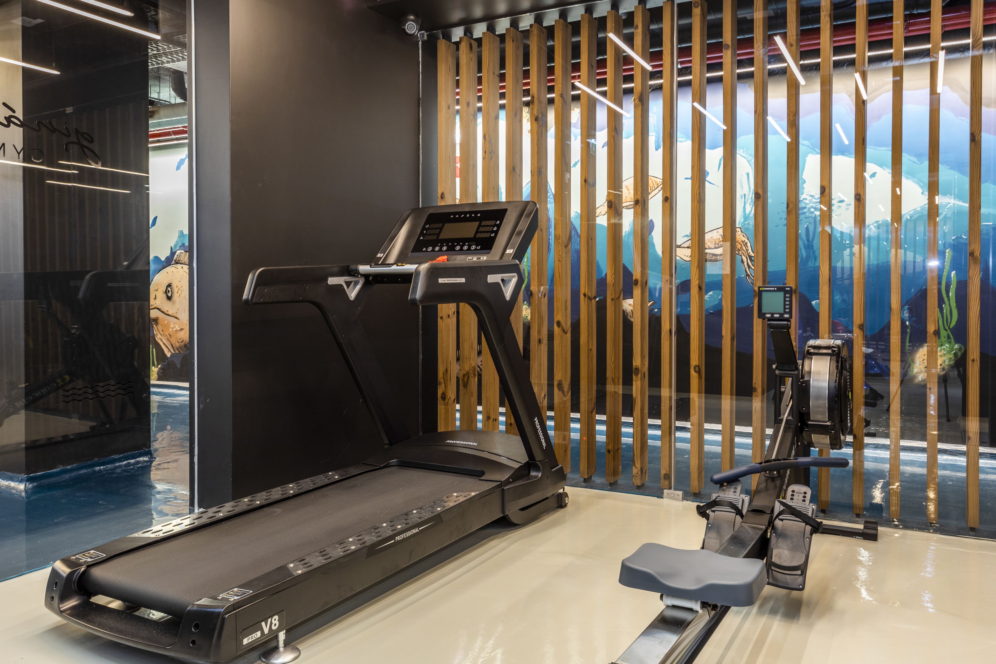 A treadmill and rowing machine in a gym with a mural of a desert landscape.