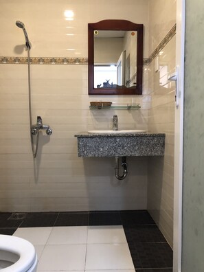 A bathroom with a white toilet, a granite sink, a mirror, and a shower.