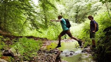 A person crossing a shallow stream in a forested area.