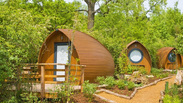 Una fila de cabañas de madera con forma de cúpula, rodeadas de exuberante vegetación y unidas por un camino de grava.