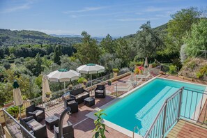 Seasonal outdoor pool, pool umbrellas, pool loungers