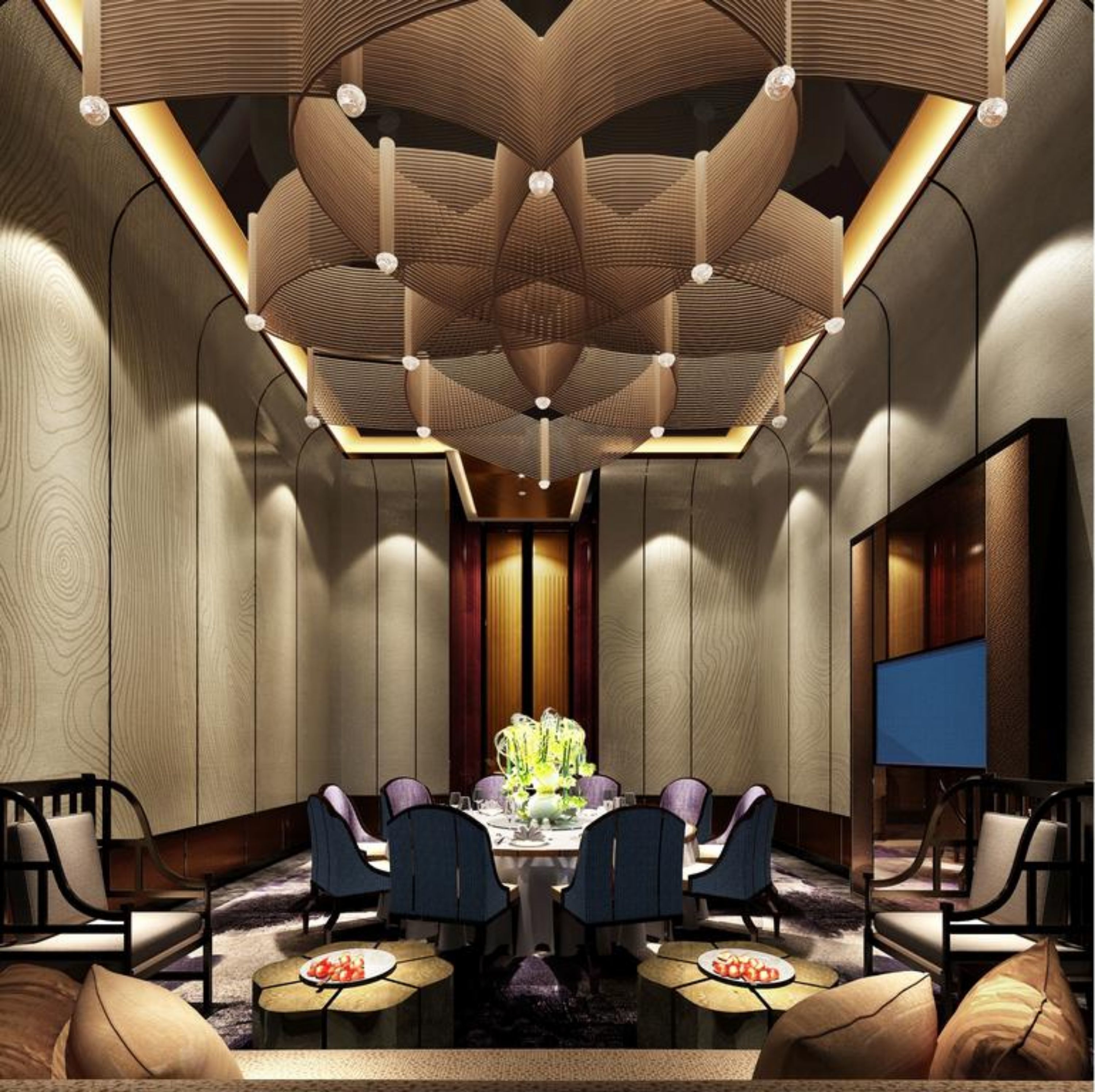 A modern dining area with a central table, chairs, and a decorative ceiling.
