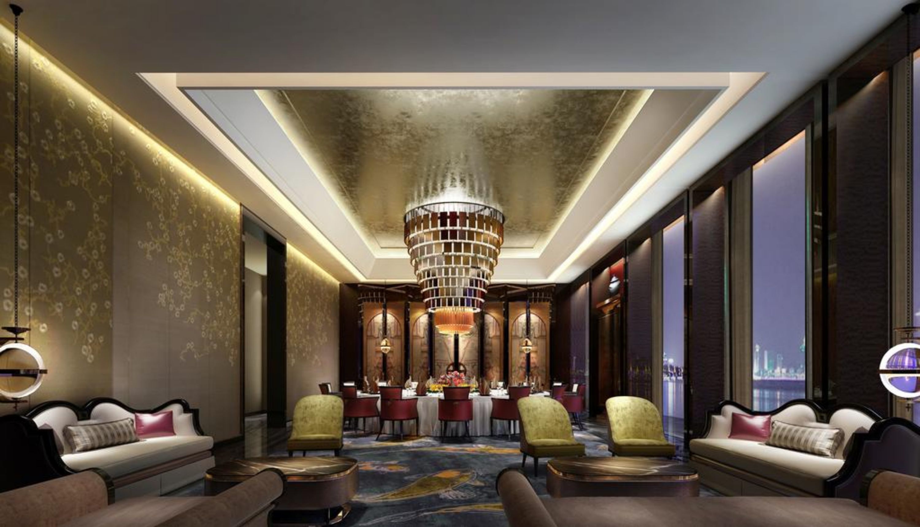 Un lobby de hotel lujoso con un candelabro imponente, asientos confortables y un área de comedor.